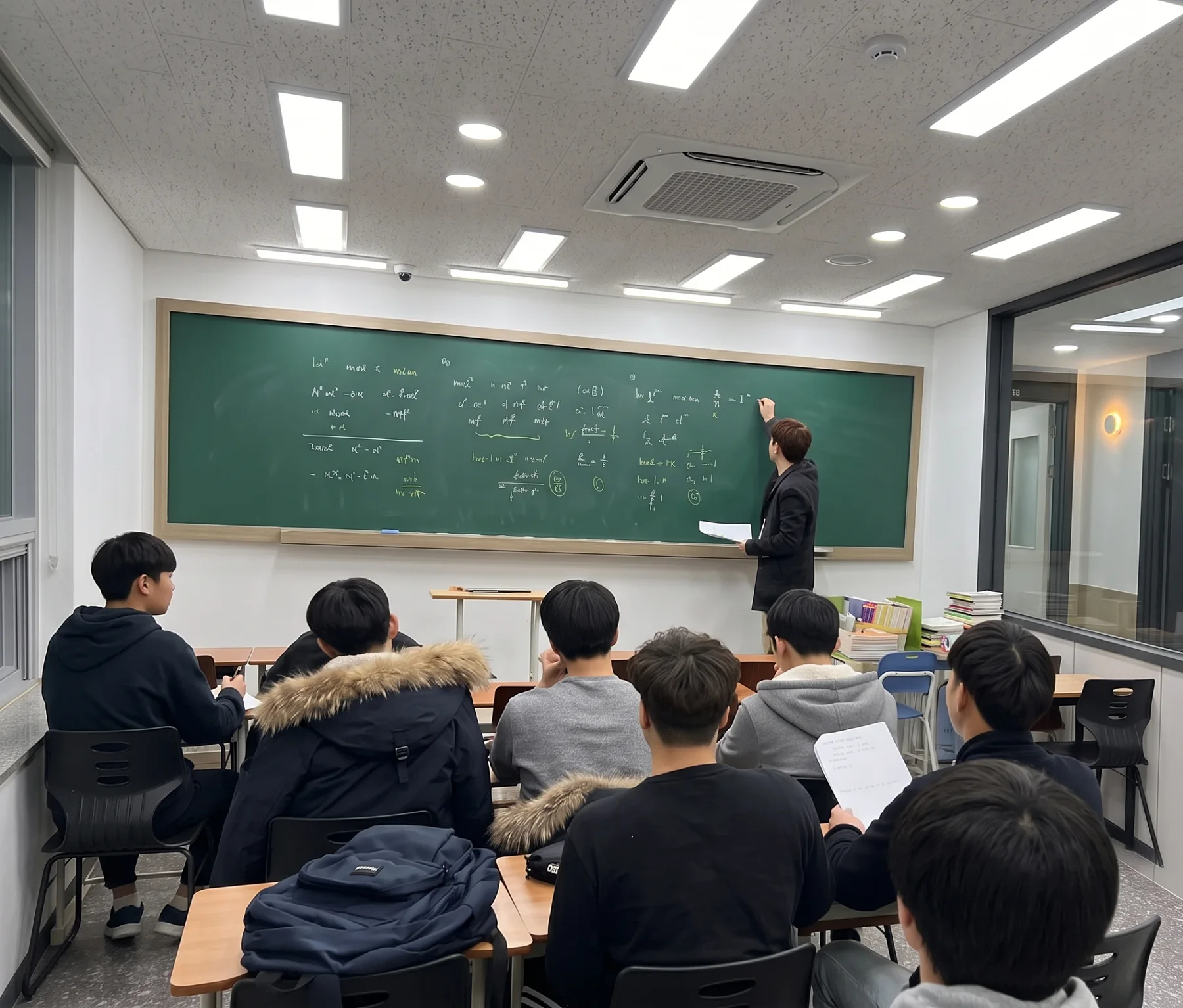 칠판 앞에서 수업하는 교실 모습